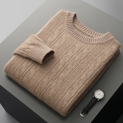 Cable-knit crewneck sweater with ribbed cuffs and hem for a structured finish.