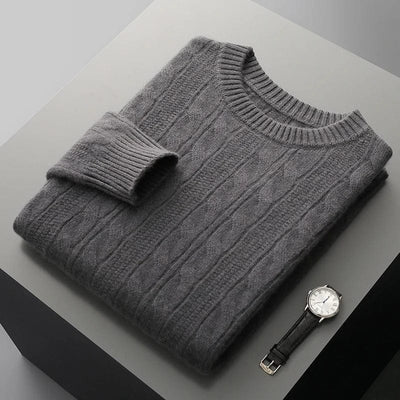 Cable-knit crewneck sweater with ribbed cuffs and hem for a structured finish.