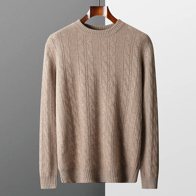 Cable-knit crewneck sweater with ribbed cuffs and hem for a structured finish.