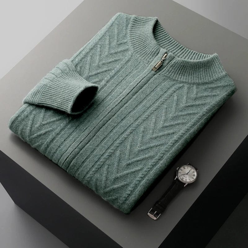 Full-zip ribbed cashmere sweater with mock neck and vertical knit pattern.