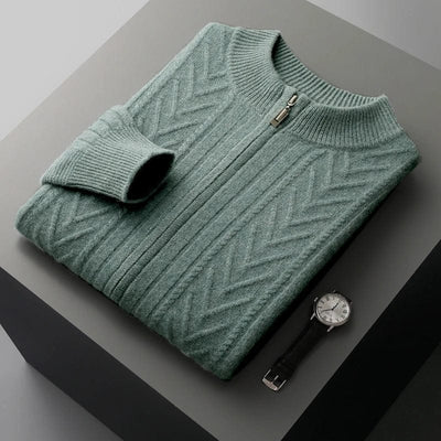 Full-zip ribbed cashmere sweater with mock neck and vertical knit pattern.