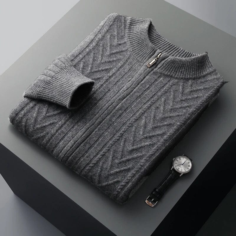 Full-zip ribbed cashmere sweater with mock neck and vertical knit pattern.