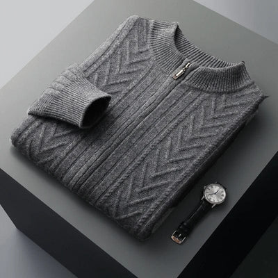 Full-zip ribbed cashmere sweater with mock neck and vertical knit pattern.