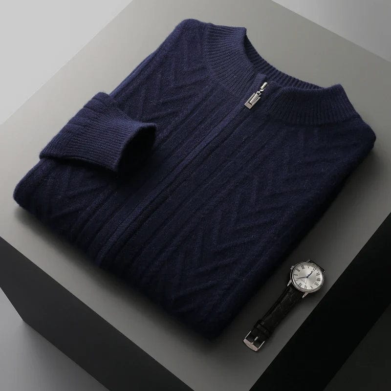 Full-zip ribbed cashmere sweater with mock neck and vertical knit pattern.