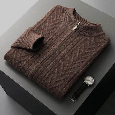 Full-zip ribbed cashmere sweater with mock neck and vertical knit pattern.