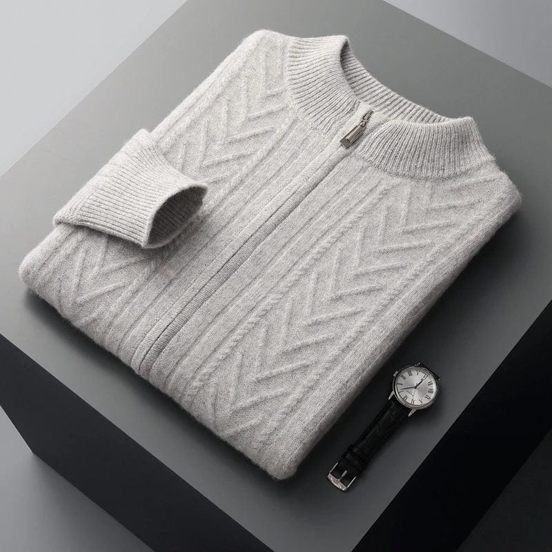 Full-zip ribbed cashmere sweater with mock neck and vertical knit pattern.