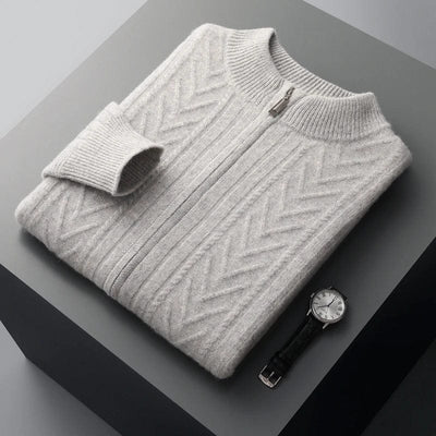 Full-zip ribbed cashmere sweater with mock neck and vertical knit pattern.