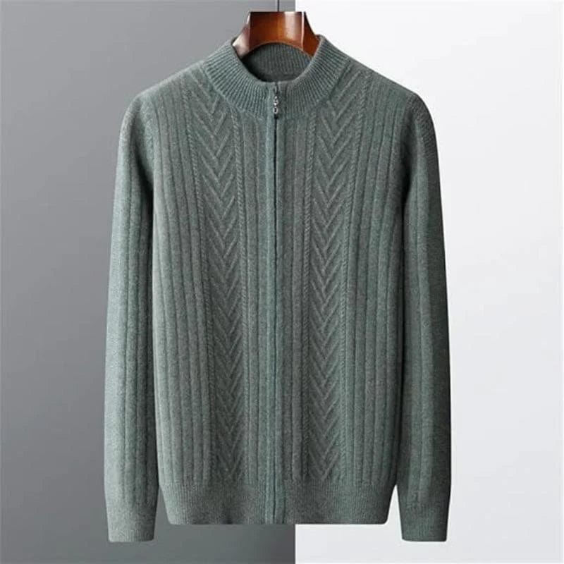 Full-zip ribbed cashmere sweater with mock neck and vertical knit pattern.