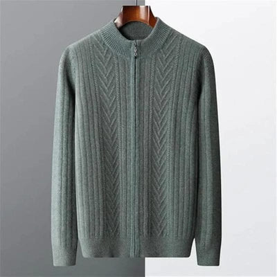 Full-zip ribbed cashmere sweater with mock neck and vertical knit pattern.