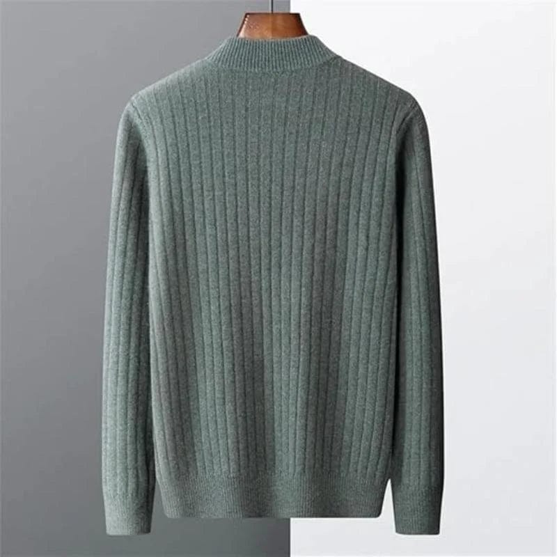 Full-zip ribbed cashmere sweater with mock neck and vertical knit pattern.