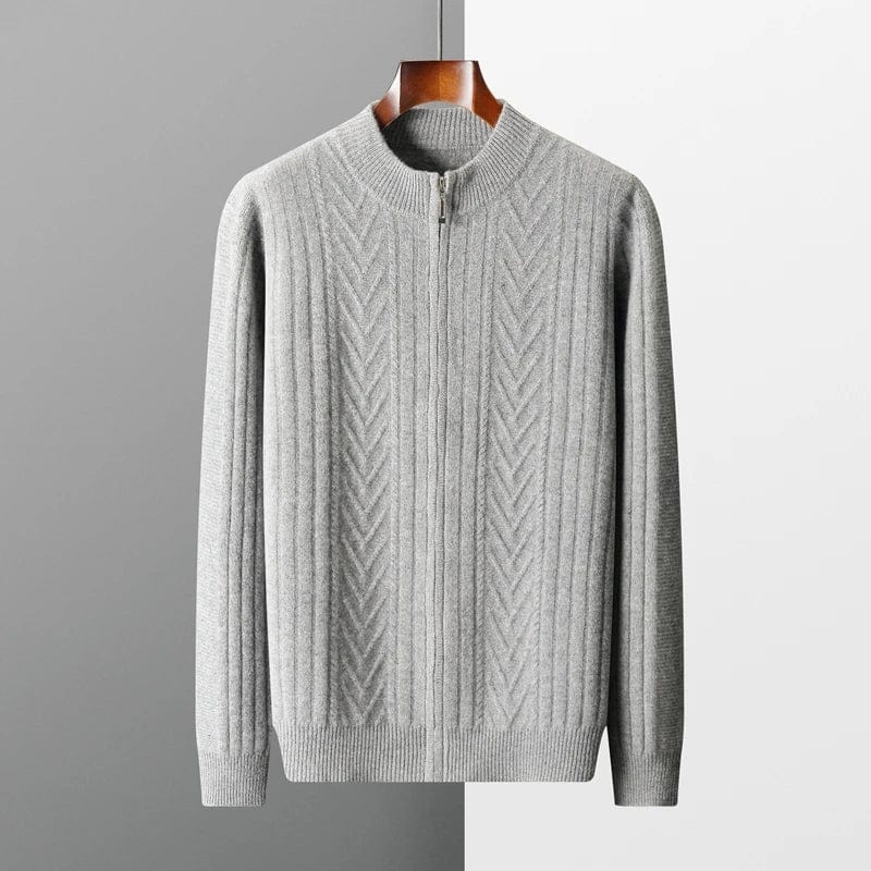 Full-zip ribbed cashmere sweater with mock neck and vertical knit pattern.