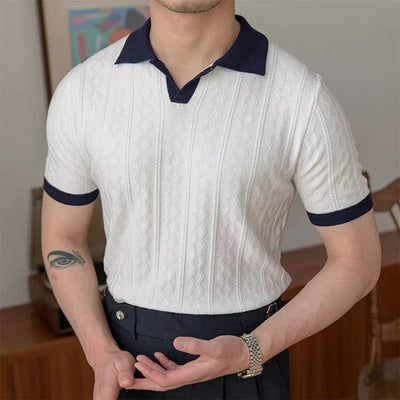 Men’s jacquard polo shirt with contrast collar and short sleeves