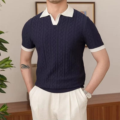 Men’s jacquard polo shirt with contrast collar and short sleeves