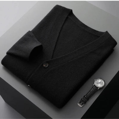 V-neck merino wool cardigan with front button closure and ribbed cuffs.