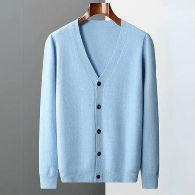 V-neck merino wool cardigan with front button closure and ribbed cuffs.