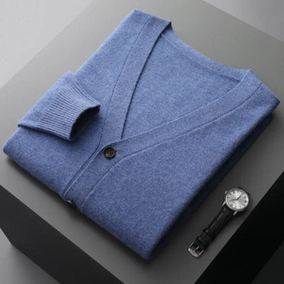 V-neck merino wool cardigan with front button closure and ribbed cuffs.