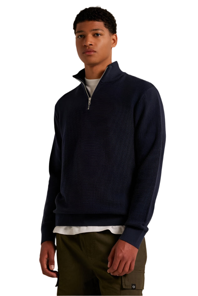 Quarter-zip knit pullover sweater with waffle texture 