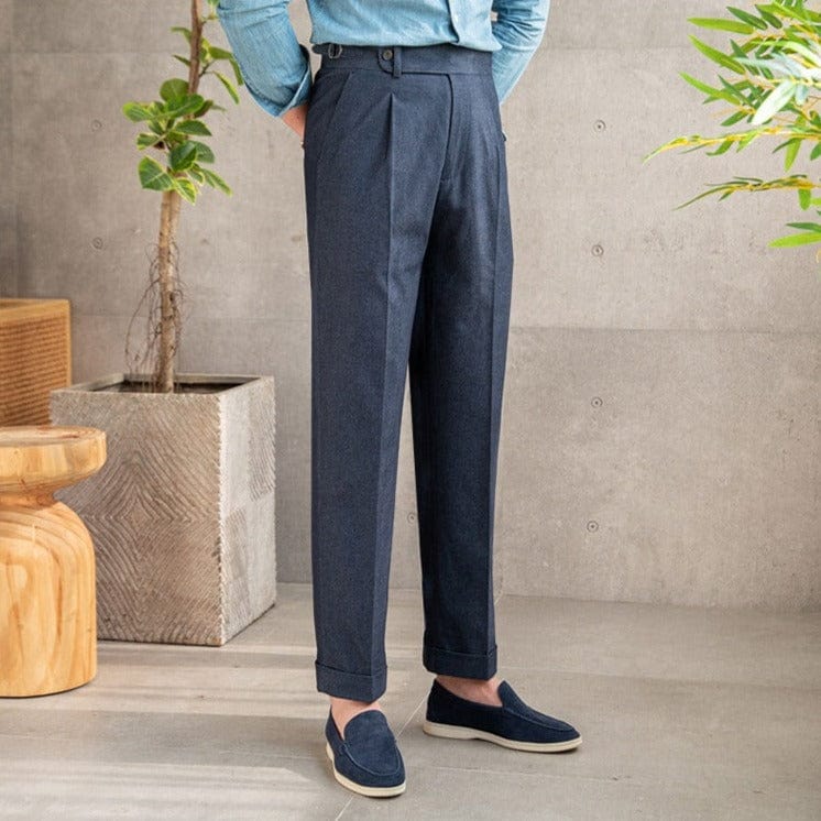 Tailored pleated dress trousers with high waist and cuffed hem