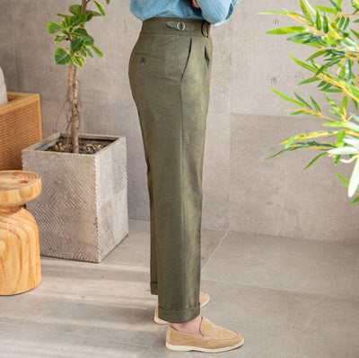 Tailored pleated dress trousers with high waist and cuffed hem