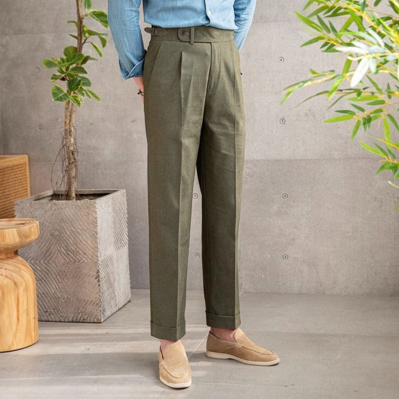 Tailored pleated dress trousers with high waist and cuffed hem