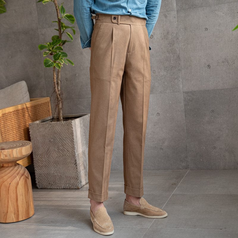 Tailored pleated dress trousers with high waist and cuffed hem