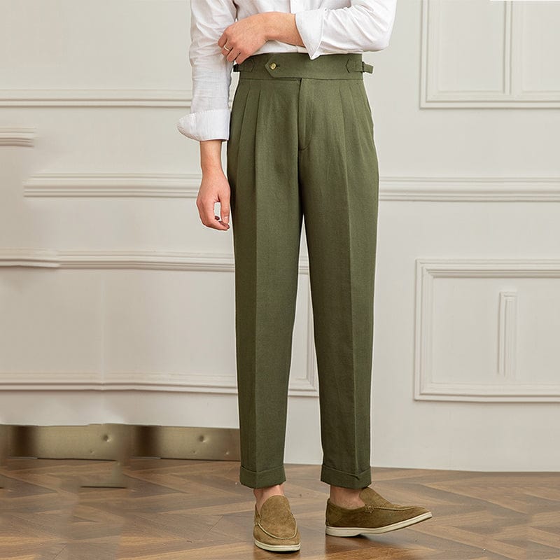 High-waist pleated trousers with tailored cut and button-tab waistband