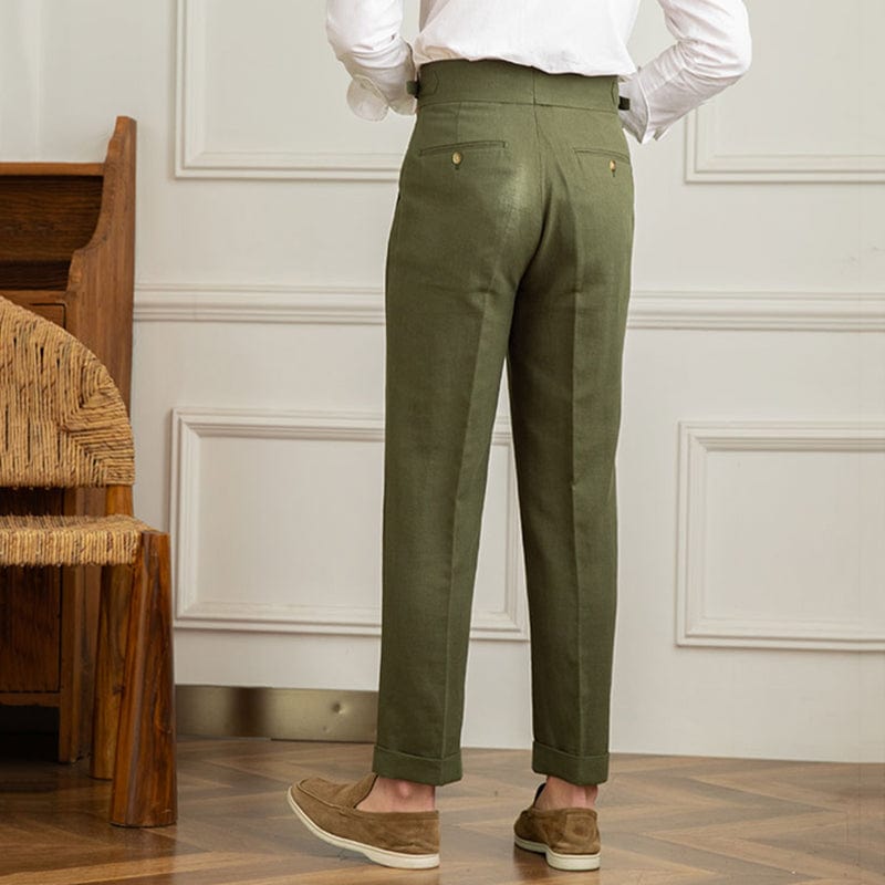 High-waist pleated trousers with tailored cut and button-tab waistband