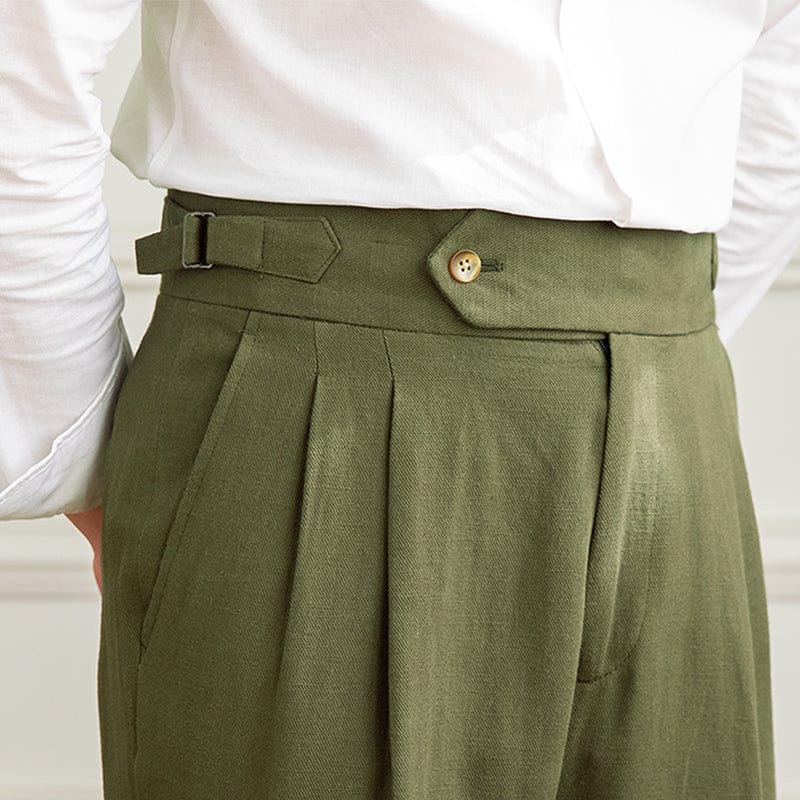 High-waist pleated trousers with tailored cut and button-tab waistband