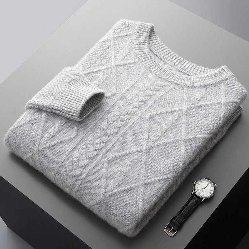 Crewneck cashmere sweater with textured diamond pattern and ribbed cuffs.