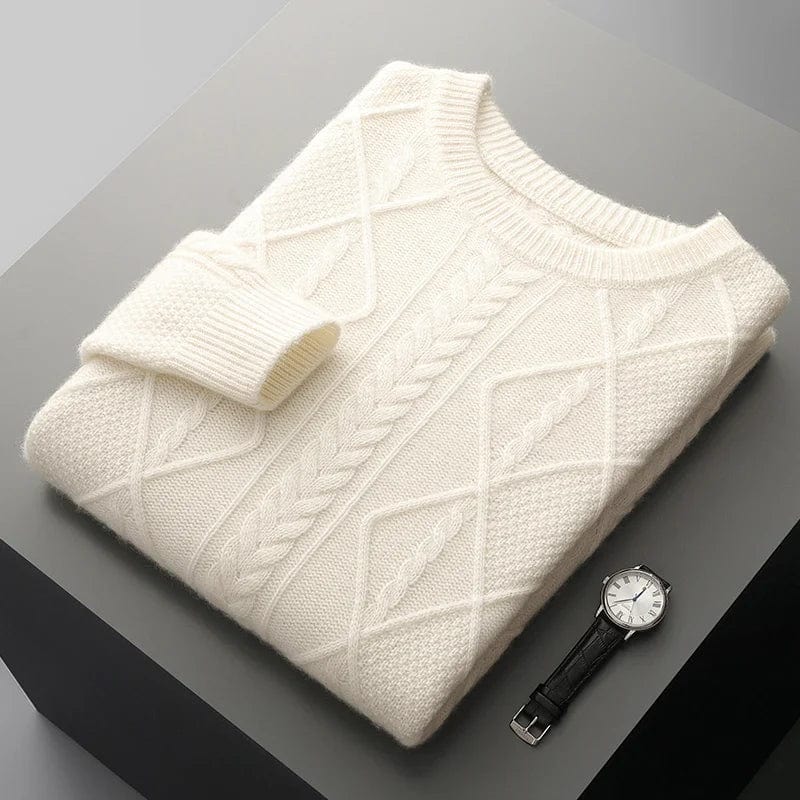 Crewneck cashmere sweater with textured diamond pattern and ribbed cuffs.