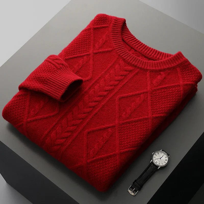 Crewneck cashmere sweater with textured diamond pattern and ribbed cuffs.