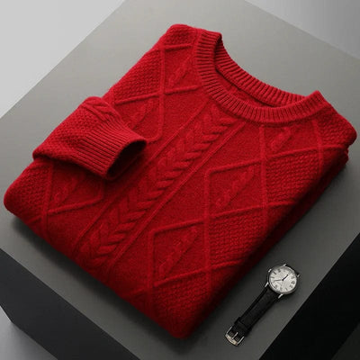 Crewneck cashmere sweater with textured diamond pattern and ribbed cuffs.