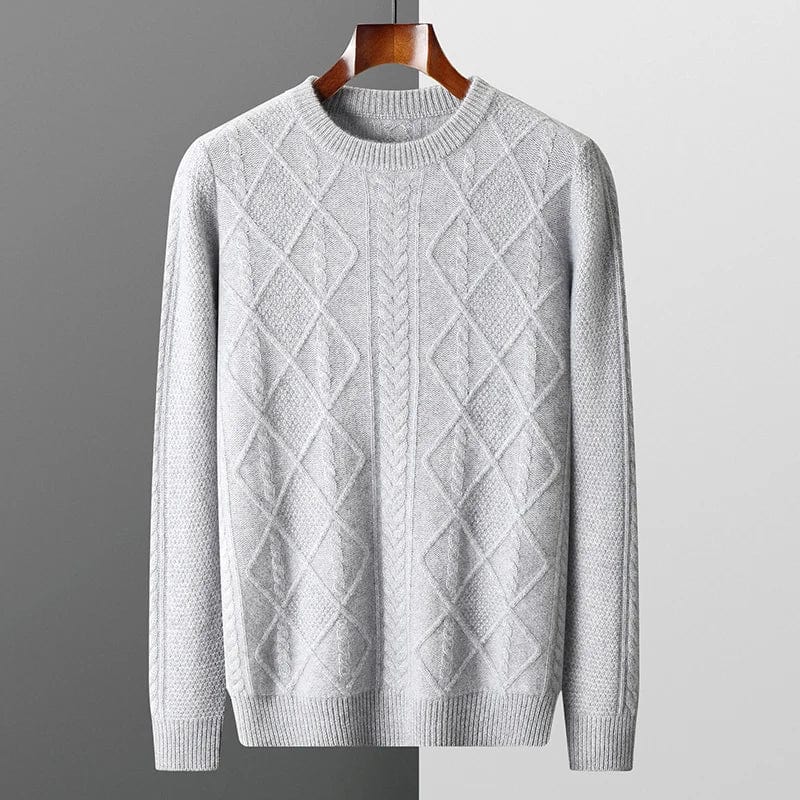 Crewneck cashmere sweater with textured diamond pattern and ribbed cuffs.