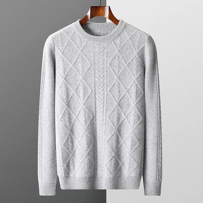 Crewneck cashmere sweater with textured diamond pattern and ribbed cuffs.