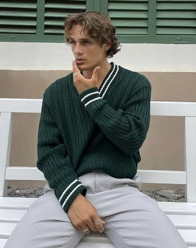 Men’s V-neck sweater with ribbed knit and contrast striped trim
