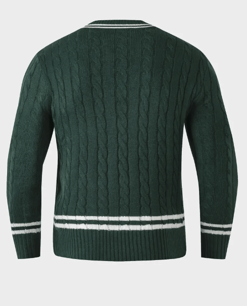 Men’s V-neck sweater with ribbed knit and contrast striped trim
