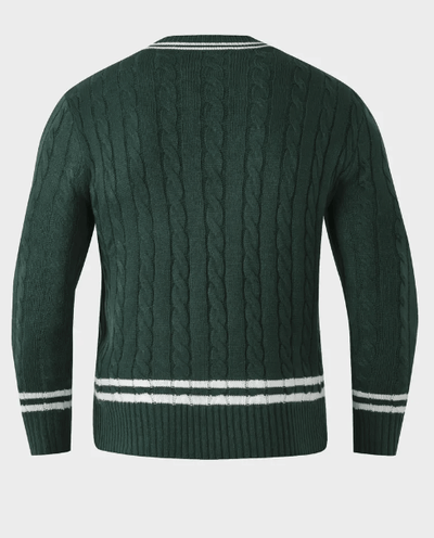 Men’s V-neck sweater with ribbed knit and contrast striped trim