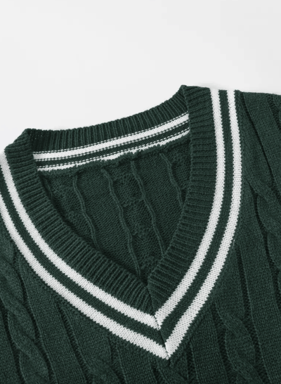 Men’s V-neck sweater with ribbed knit and contrast striped trim